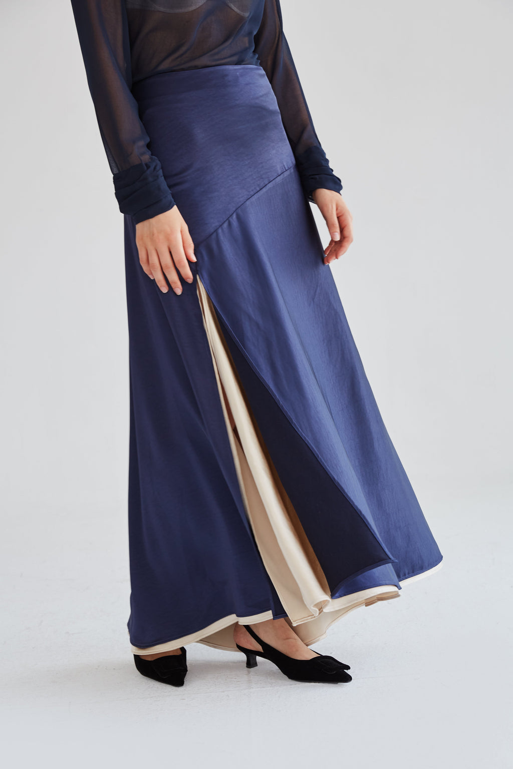 Chio Double Satin Navy Skirt
