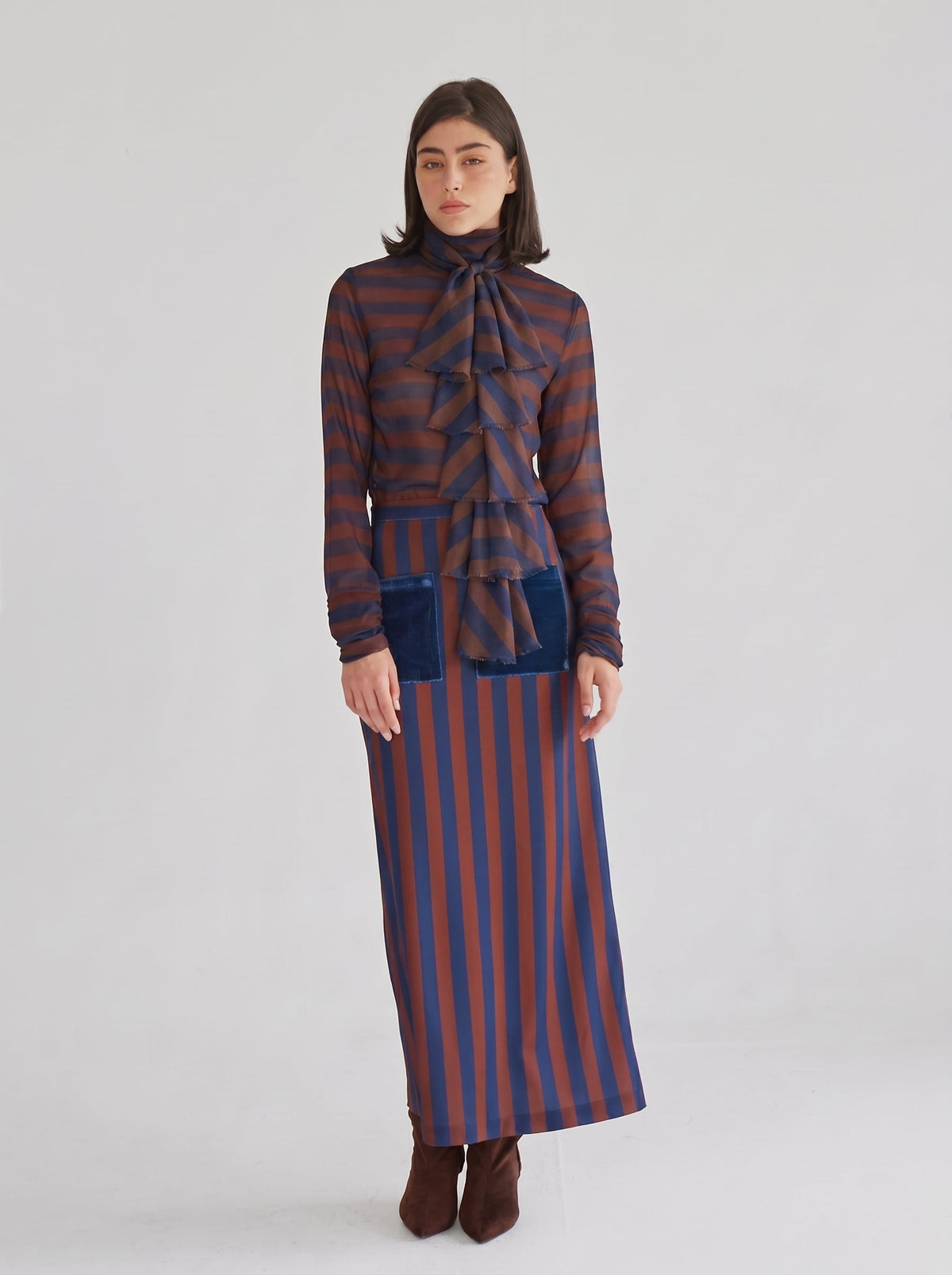 Navy and brown striped flounce