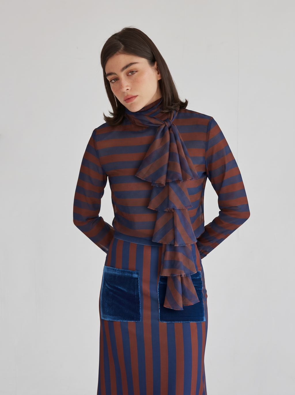 Navy and brown striped flounce