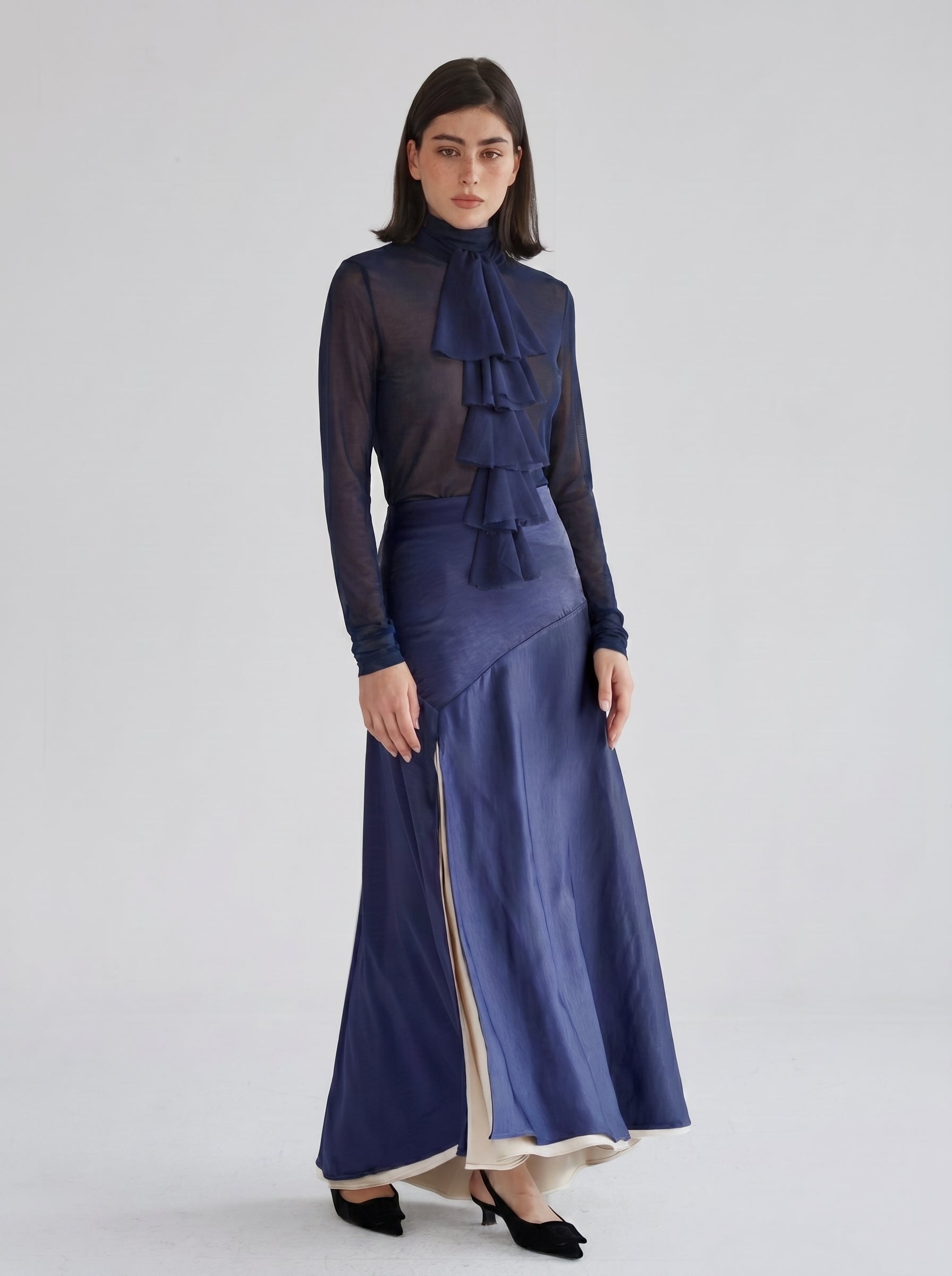 Chio Double Satin Navy Skirt