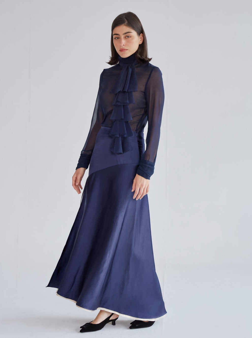Chio Double Satin Navy Skirt
